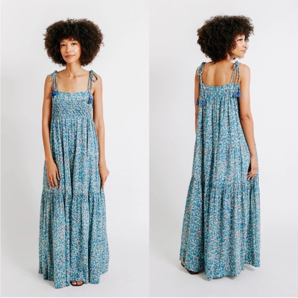 Mirth Mykonos Babydoll Tiered Tassel Tie Maxi Dress Saltwater Cotton Medium
